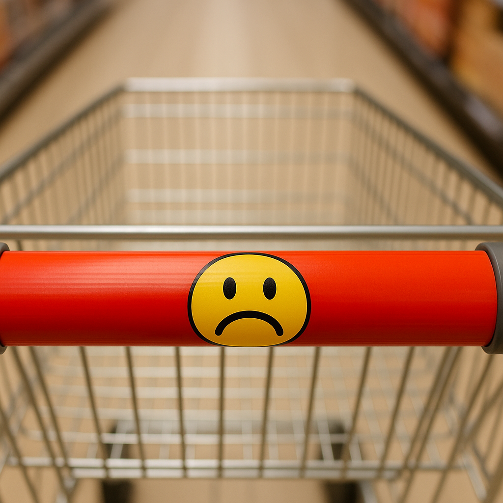 Einkaufswagen mit rotem Griff und traurigem Smiley-Aufkleber im Supermarktgang