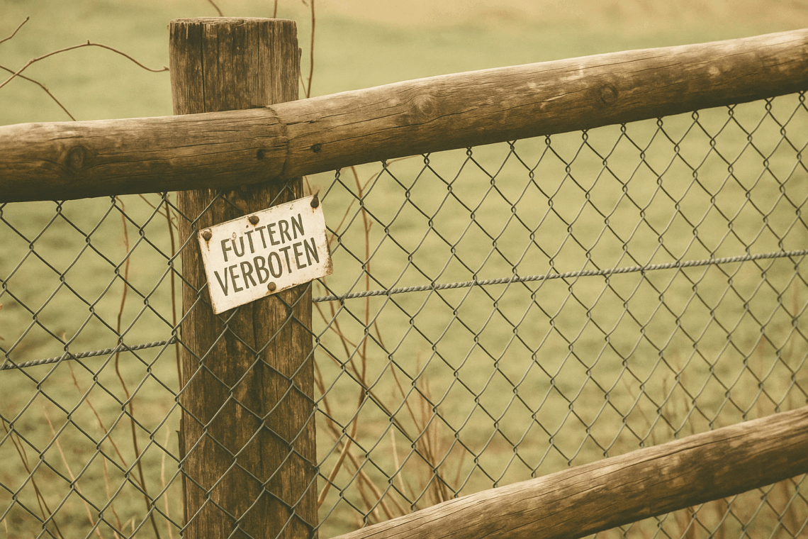 Zerknicktes Schild ‚Füttern verboten‘ an einem Zaun – Symbol für Grenzen und fehlende Fürsorge.
