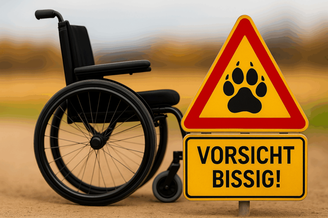 Ein leerer Rollstuhl steht auf einem Feldweg, daneben ein gelbes Warnschild mit der Aufschrift „Vorsicht bissig!“ und einer stilisierten Pfote