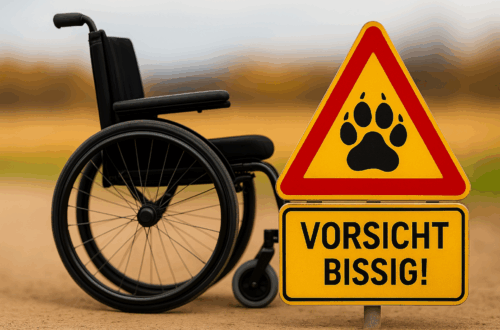 Ein leerer Rollstuhl steht auf einem Feldweg, daneben ein gelbes Warnschild mit der Aufschrift „Vorsicht bissig!“ und einer stilisierten Pfote