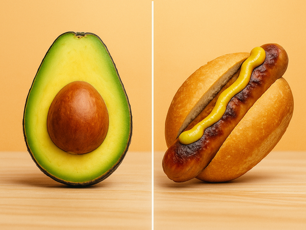 Avocado und Bratwurst nebeneinander