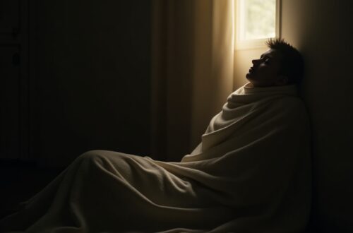 Person sitzt unter einer Decke.