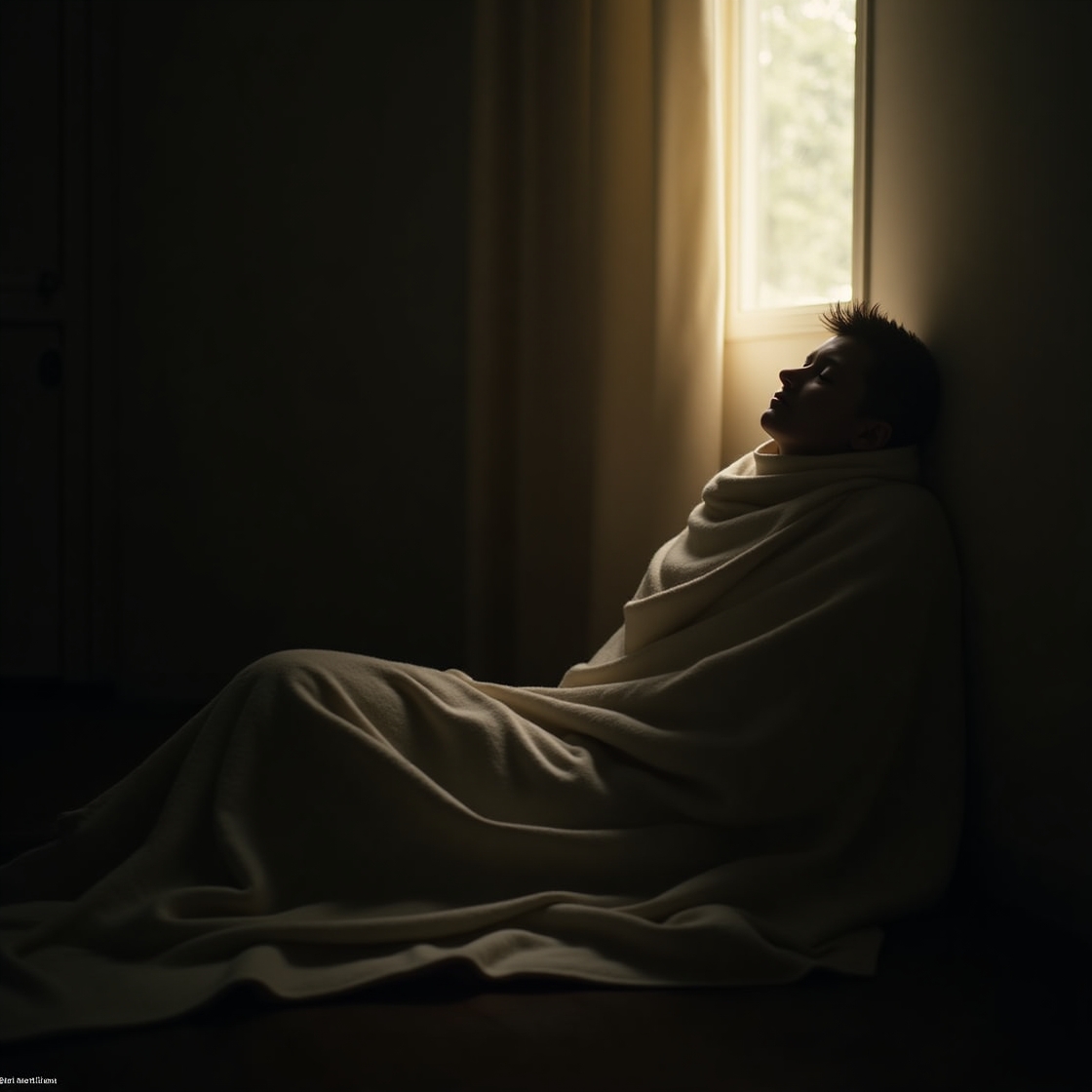 Person sitzt unter einer Decke.
